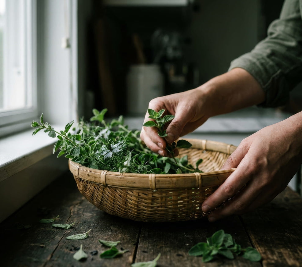 Fresh herbs gathered by hand